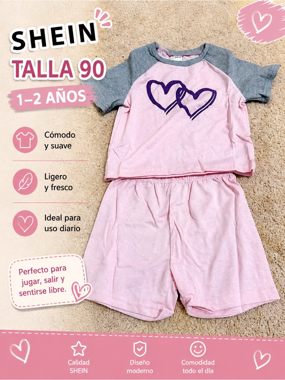 SHEIN Pink & Gray Heart Print Kids Pajama Set
